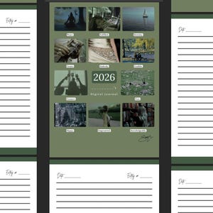 May include: A digital journal for the year 2026, featuring a collage of images and the text "Digital Journal". The journal is surrounded by lined pages with spaces for "Date" and "Entry". The overall color scheme is green and white.