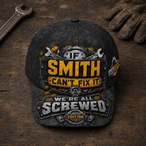 Puede incluir: Una gorra de béisbol negra con el texto "IF SMITH CAN'T FIX IT WE'RE ALL SCREWED" en amarillo y blanco. La gorra tiene un aspecto desgastado y texturizado con una etiqueta de "Edición Limitada". Una llave inglesa y guantes de trabajo están en el fondo.