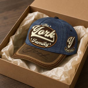 Puede incluir: Una gorra de béisbol azul con visera marrón y el texto "The York Family" en un diseño blanco y marrón. La gorra también presenta un logotipo "Y" y el texto "limited edition". La gorra se presenta en una caja de cartón.