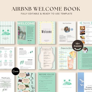 May include: A fully editable Airbnb welcome book template with a coastal theme. The book includes pages for welcome messages, amenities, check-in/out instructions, emergency info, and local recommendations. The design features a soft color palette and illustrations.