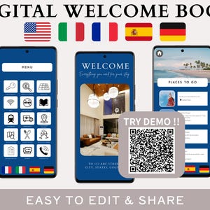 Könnte beinhalten: Digitales Willkommensbuch, das auf drei Smartphones angezeigt wird. Die Bildschirme zeigen ein Menü, eine Willkommensnachricht mit einem Wohnzimmerfoto und einen Abschnitt "Places to Go". Der Text "TRY DEMO !!" ist mit einem QR-Code sichtbar. Der Satz "EASY TO EDIT & SHARE" wird ebenfalls angezeigt.