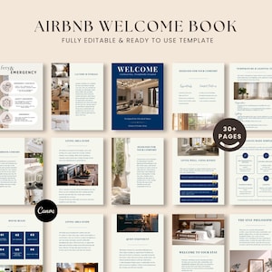 Puede incluir: Una plantilla de Libro de Bienvenida de Airbnb totalmente editable y lista para usar. La portada es azul marino con la palabra "WELCOME". Las páginas incluyen secciones sobre seguridad, contactos de emergencia, lavandería, guías de la zona de estar, etc. La plantilla tiene más de 30 páginas.