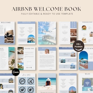 May include: An Airbnb Welcome Book template with a light blue and white design. The cover reads "Airbnb Welcome Book" and "Fully Editable & Ready to Use Template." The book includes pages for welcome, things to do, house rules, and more. The Canva logo is visible.