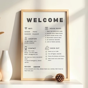 Airbnb Gast Willkommensschild Vorlage | Bearbeitbarer druckbarer Ratgeber für Gastgeber | Wohnung | Druckbar | VRBO | Hausregel | Wi-Fi Zeichen