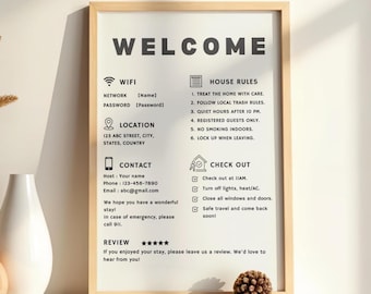 Sjabloon Airbnb-gastwelkomstbord | Bewerkbare afdrukbare gids voor hosts | Vakantiewoningen | Afdrukbaar | VRBO | Huisregels | Wifi-bord