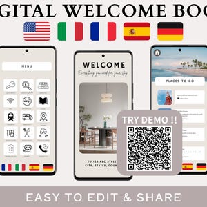 Wielojęzyczny szablon powitalny Airbnb w wersji cyfrowej, edytowalny w Canva | 5 języków CC Interactive｜ Dostosowany do urządzeń mobilnych