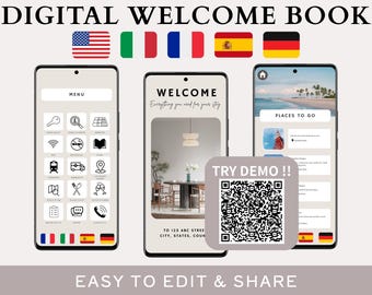 Modelo de Livro de Boas-Vindas do Airbnb, Guia de Aluguel Digital, Pacote Multilíngue do Airbnb, Editável no Canva