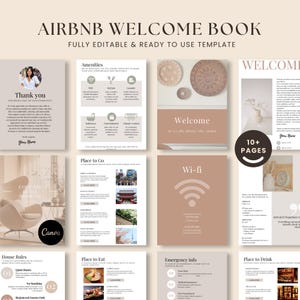 May include: An Airbnb welcome book template in beige and white. The cover states "Airbnb Welcome Book" and "Fully Editable & Ready to Use Template." Pages include amenities, house rules, and emergency information. The book has over 10 pages.