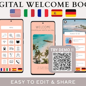 Mehrsprachige Airbnb-Willkommensbuch-Digital-Vorlage, Canva Editable | 5 Sprachen Interaktiv ｜ Handy-freundlich | Strandhaus | Urlaub