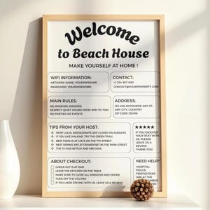 Pode incluir: Uma placa emoldurada com as palavras "Welcome to Beach House" em uma fonte decorativa. A placa inclui informações sobre Wi-Fi, detalhes de contato, regras da casa, endereço, dicas, instruções de checkout e contatos de emergência.