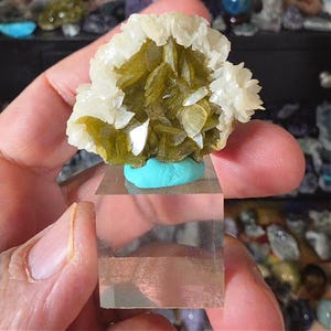 Olive Green Siderite on White Quartz Thumbnail Specimen – Bladed Crystal Cluster Display