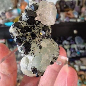 Apophyllite with Prehnite and Black Tourmaline Cluster – Rare Mineral Specimen – India Crystal Display Piece