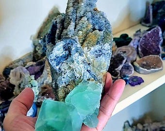 Op de afbeelding: Een hand houdt een groot, ruw fluorietkristal met een levendige groene kleur vast. Het kristal is gedeeltelijk ingebed in een matrix van blauwe en grijze mineralen. Andere kristallen zijn zichtbaar op de achtergrond.