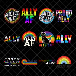 Puede incluir: Una colección de coloridos diseños con temática de aliados LGBTQ+. Los diseños incluyen texto y gráficos con los colores del arcoíris con frases como "ALLY AF", "PROUD ALLY" y "ALLY CAT". Los diseños están sobre un fondo negro.