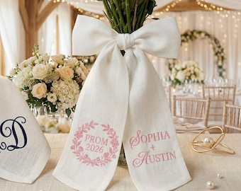 Personalized Embroidered Wedding Bouquet Sash, Custom Bridal Bouquet Bow, Monogram Prom 2026 Bouquet Ribbon, Bride Keepsake Gift