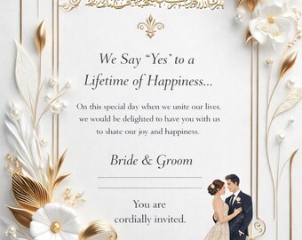 Luxury Gold Floral Islamic Wedding Invitation, Arabic Calligraphy Nikah Card (Digital Download)