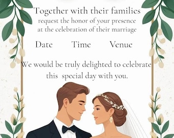 Editable Wedding Invitation Template, White Floral Gold Ring Design (Instant Download)