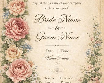 Vintage Rose Wedding Invitation, Printable Floral Invite, Rustic Romantic Wedding Card, Digital Download