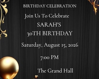 Editable Black Gold Birthday Invitation, Adult Party Template (Instant Download)