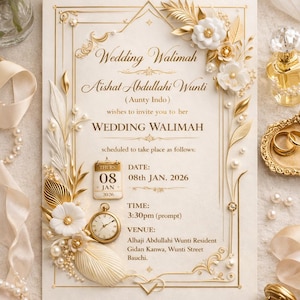 Op de afbeelding: Elegante huwelijksuitnodiging met gouden accenten en bloemversieringen. De uitnodiging luidt "Wedding Walimah" en bevat de namen Aishat Abdullahi Wunti. De datum is 8 januari 2026 om 15:30 uur. De locatie is Alhaji Abdullahi Wunti Resident.