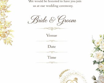 Elegant Floral Wedding Invitation Template, Gold Accent (Digital Download)