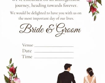 Editable Burgundy Floral Wedding Invitation Template, Bride Groom Illustration (Digital Download)