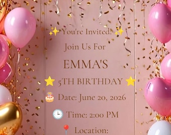 Editable Pink Gold Birthday Invitation Template, Balloon Party Invite (Digital Download)