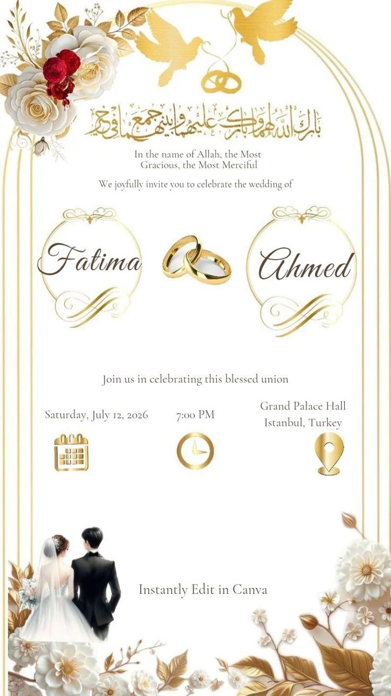 Gracious Invitations Editable Gold Islamic Wedding Invitation, Arabic Nikah Walima Template ...
