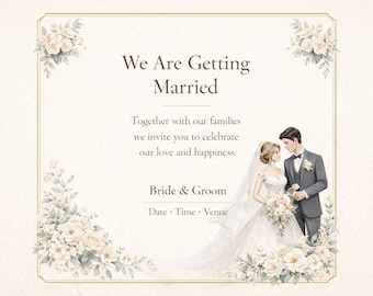 Elegant Floral Wedding Invitation Template, Gold Frame, Editable Canva (Digital Download)