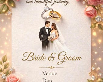 Editable Wedding Invitation Canva Template, Pink Rose Floral Invite, Bride and Groom, Instant Download