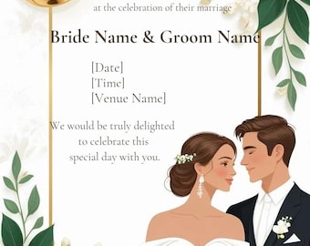 Editable Wedding Invitation Template, White Floral Gold Rings (Digital Download)