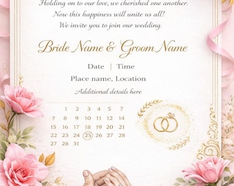 Floral Wedding Invitation Template, Romantic Pink & Gold (Instant Download)