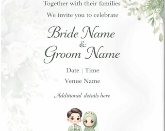 Cartoon Couple Wedding Invitation, Green Floral, Editable Template (Instant Download)