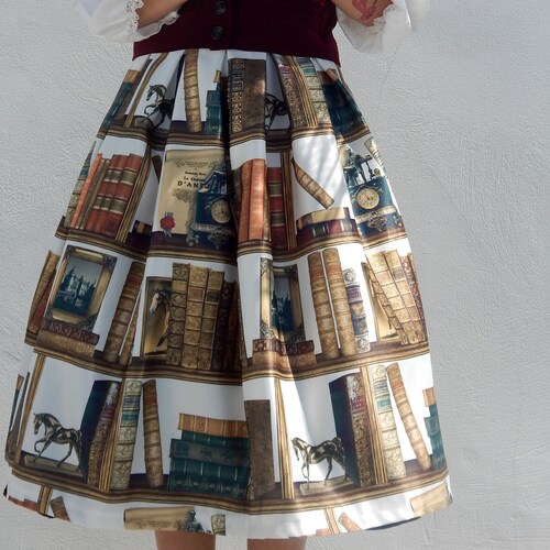 Books High Waisted Skirt 50s Floral Skirt Pin up Retro Full Etsy