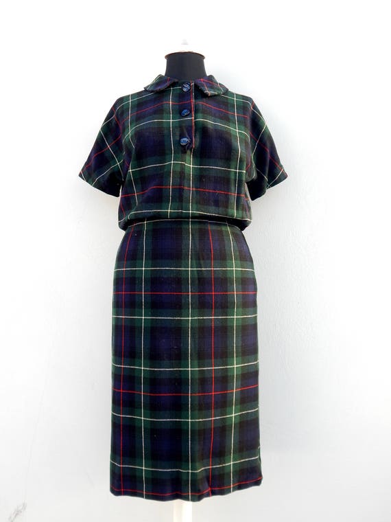 Vintage 50s 60s wool shirtwaist plaid dress with p