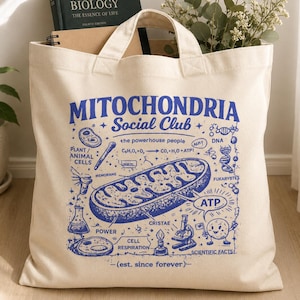 Puede incluir: Un bolso de tela color crema con un estampado gráfico azul que incluye el texto "MITOCHONDRIA Social Club," "the powerhouse people," "C6H12O6 + O2 -> CO2 + H2O + ATP," "MEMORAME," "FUKARYBTES," "ATP," "POWER," "CELL RESPIRATION," y "est. since forever."
