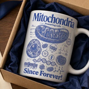 Peut inclure: Un mug en céramique blanche orné d'une illustration biologique bleue représentant des mitochondries et des structures cellulaires. Le texte indique Mitochondria Powering Life Since Forever! Le mug est placé dans une boîte cadeau en carton.