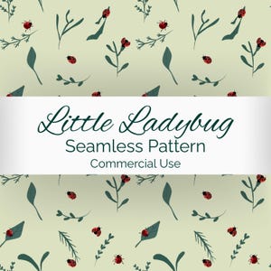 Pode incluir: Um padrão sem costura com joaninhas vermelhas, folhas verdes e raminhos em um fundo verde claro. O texto "Little Ladybug Seamless Pattern Commercial Use" é exibido em uma faixa.