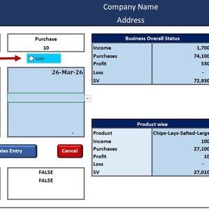 May include: A business software interface with a panda logo. The interface includes data entry fields, charts, and financial summaries. Key elements include income, purchases, profit, and loss data, along with a pie chart for product analysis.