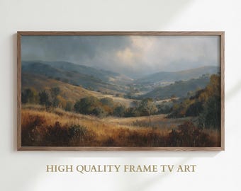 Scenic Landscape Frame TV Art, Scenic Mountain TV art, Green Earthy Field Abstract Painting, Rustic Modern Summer Scenery TV art