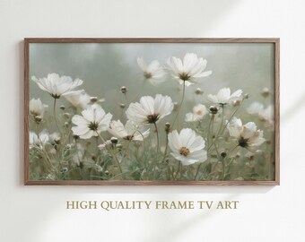 Frühlingsrahmen TV Kunst, Wildblumen Landschaft Tv Kunst, weiß grünes Blumenölgemälde, Vintage gedämpfte Frühlingswiese, Osterdekor