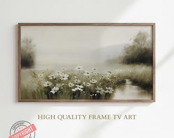 Frühlingsrahmen TV Kunst, Weiß Grün Blumenölgemälde, Wildblumen Landschaft Tv Kunst, Vintage Gedämpfte Frühlingswiese, Osterdekor