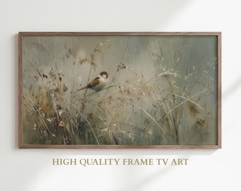 Art neutre printemps oiseau cadre TV, peinture abstraite vintage, décoration terreuse d'été, téléchargement de la télévision beige, peinture minimale de pays en sourdine