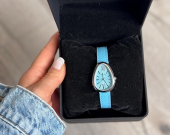 Asymmetrical Blue Dial Dress Watch with Blue Leather Strap (Includes Box)