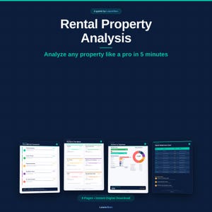 May include: Dark blue graphic with the text "Rental Property Analysis" and "Analyze any property like a pro in 5 minutes." The image also includes screenshots of a digital guide and the text "9 Pages • Instant Digital Download."
