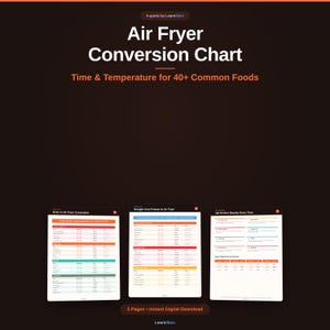 May include: Digital air fryer conversion chart with time and temperature for 40+ common foods. The chart includes oven to air fryer conversion, straight from freezer to air fryer, and perfect results every time. The chart is a 5-page instant digital download.
