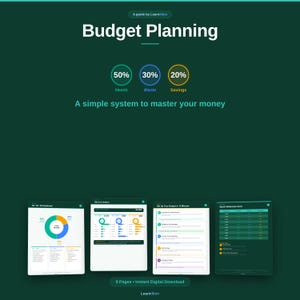Può includere: Guida digitale intitolata "Budget Planning" con sfondo verde scuro. La guida include una ripartizione di bisogni, desideri e risparmi, con un sistema semplice per gestire il denaro. La guida è di 9 pagine ed è un download digitale immediato.