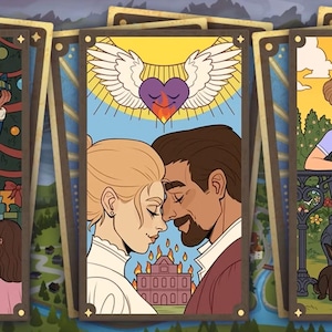 以下が含まれることがあります： 3枚のイラスト入りタロットカードのセット。1枚は子供たちとクリスマスツリーとサンタクロースを描いています。もう1枚は心と翼を持つカップルを描いています。3枚目は妊娠中の女性、ウサギ、船が描かれています。