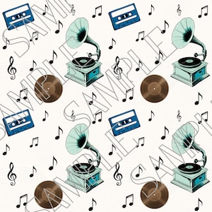 May include: A repeating pattern on a white background featuring blue cassette tapes, light green vintage gramophones with black horns, brown vinyl records, and black musical notes including treble clefs and eighth notes scattered throughout.