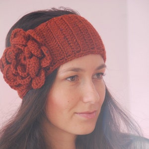 Hippie headband. Scarlet red headband, merino wool headband, big flower crochet hairband, winter headband image 1